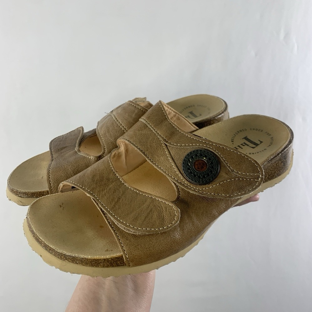 Think! Womens Leather Slide Sandals 37 EU 6.5-7 US Tan Cork Lagenlook Boho Artsy